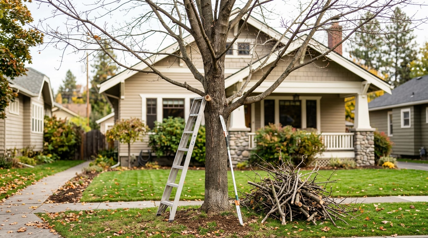 Professionally trimmed mature tree in a Spokane WA front yard with clean crown shape
