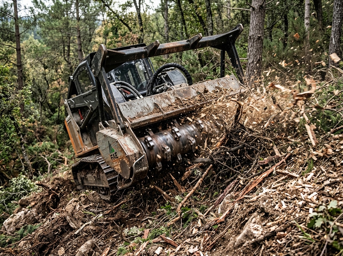 Forestry mulching equipment grinding dense brush into ground cover on a wooded Coeur d'Alene lot
