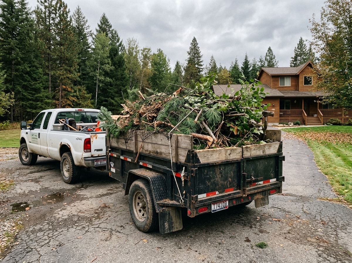 Crew hauling away a cleared brush pile from a Post Falls, ID residential yard