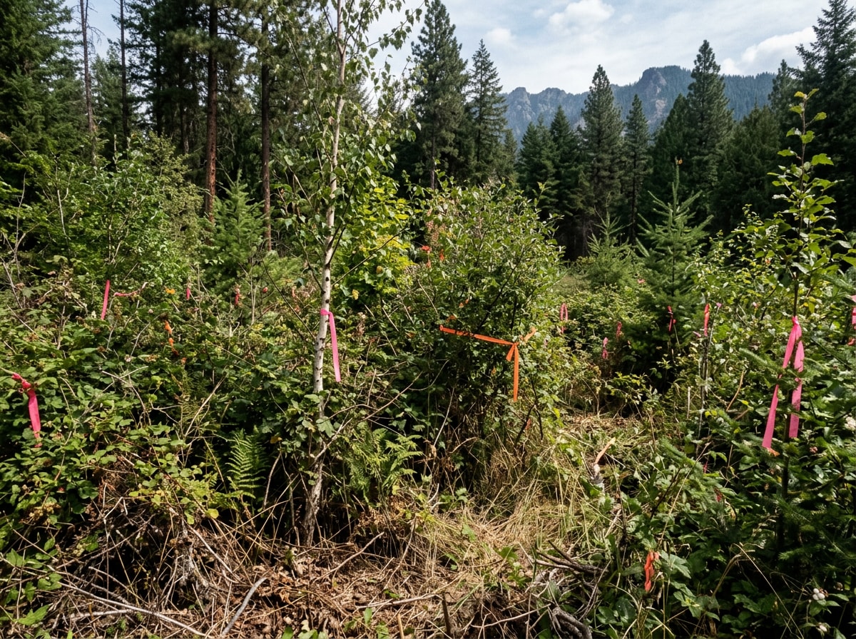 Brush removal crew assessing an overgrown lot in Post Falls before clearing work begins