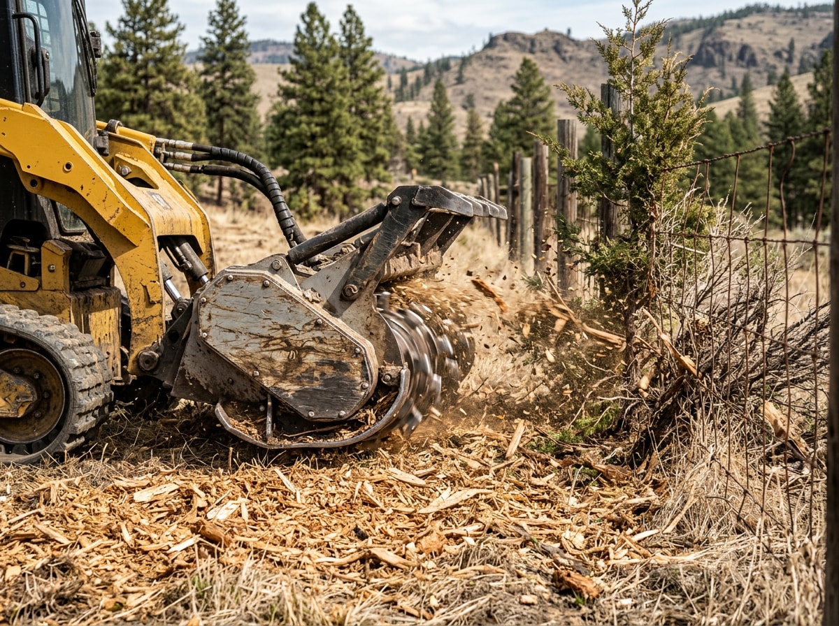 Forestry mulching head clearing volunteer cedar and brush on a Spokane-area fence line