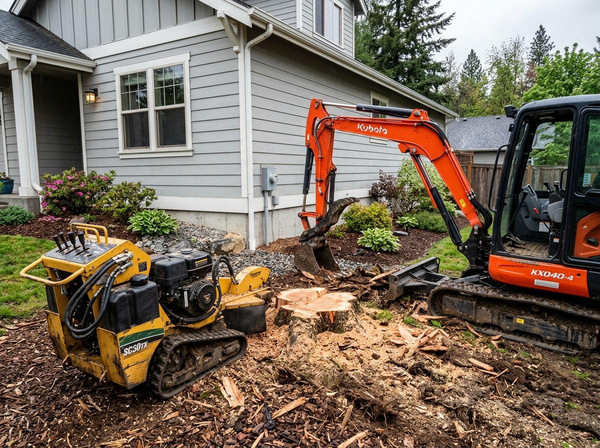 Excavator and stump grinder clearing a single mature cedar near a Spokane home foundation