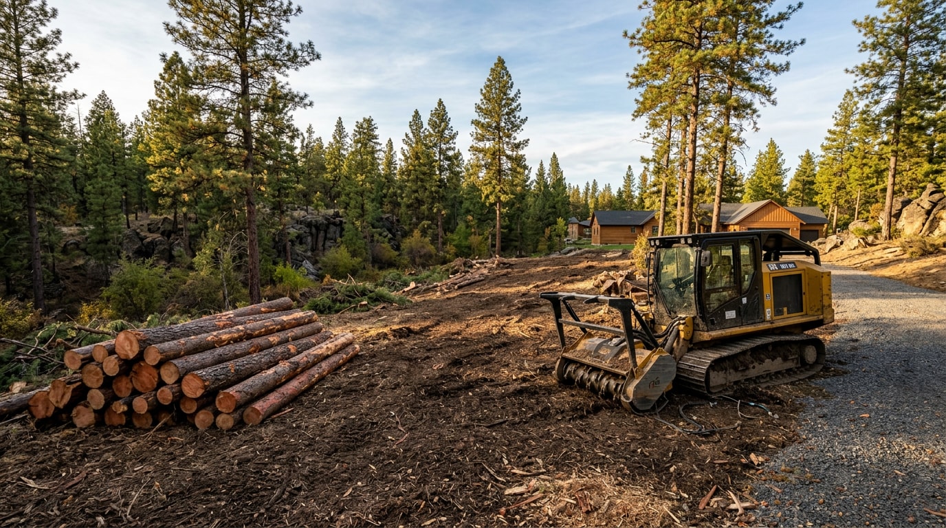 Partially cleared wooded lot in Spokane, WA with stacked cedar logs and a forestry mulcher