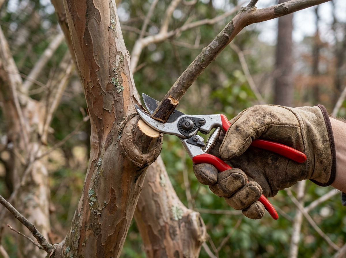 Arborist making a clean pruning cut at the branch collar of a crepe myrtle tree