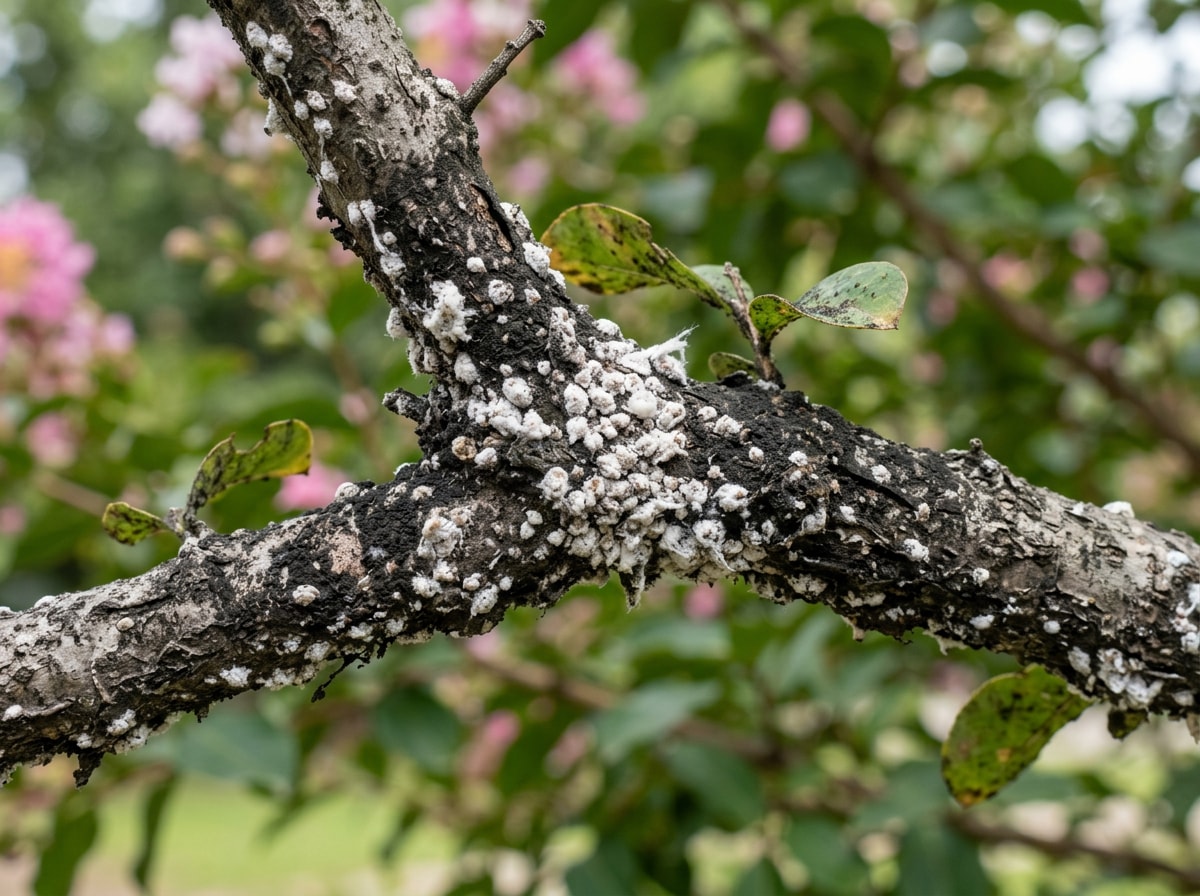 Close-up of a crepe myrtle branch showing bark scale and sooty mold buildup