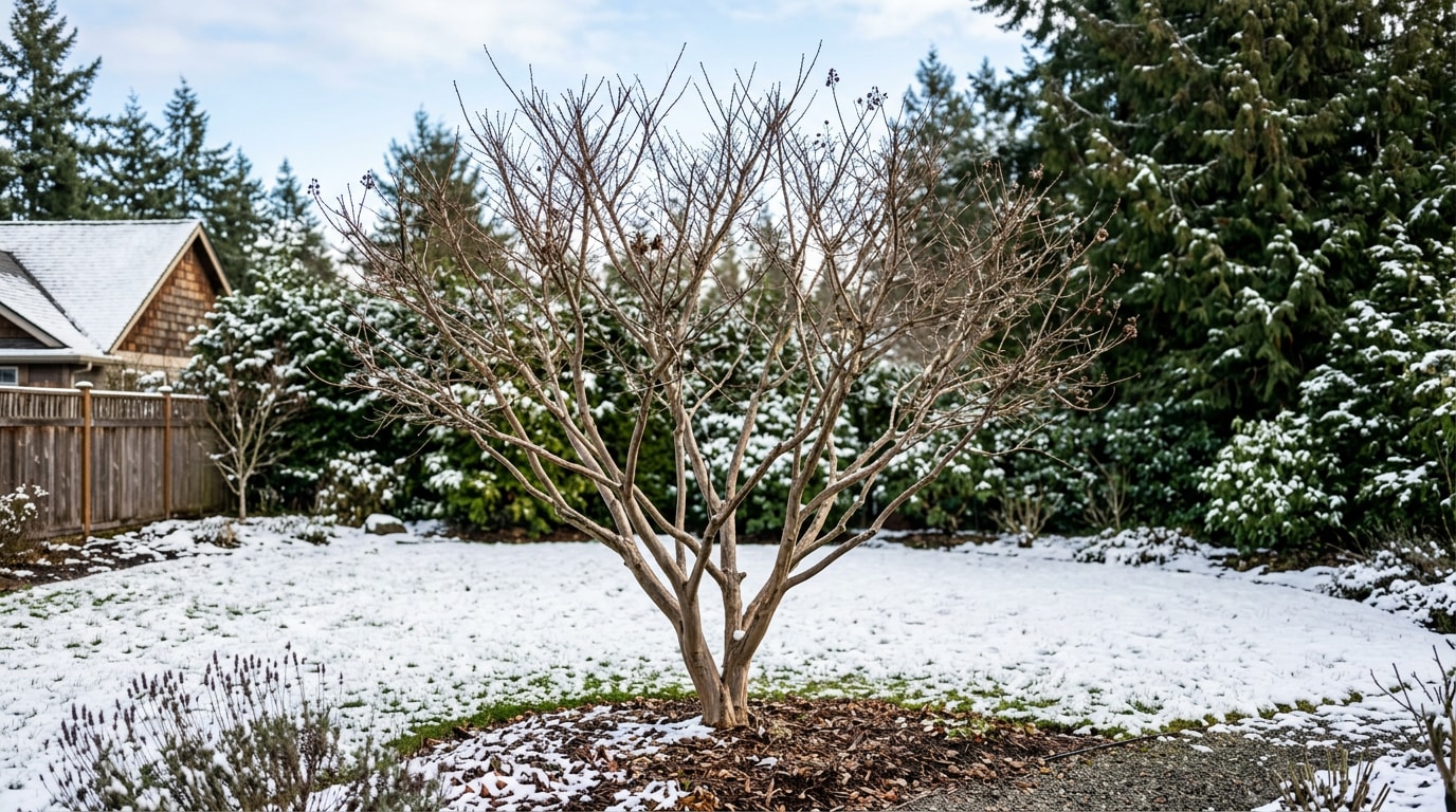 Pruned crepe myrtle tree with an open vase-shaped canopy in a Spokane, WA yard during late winter