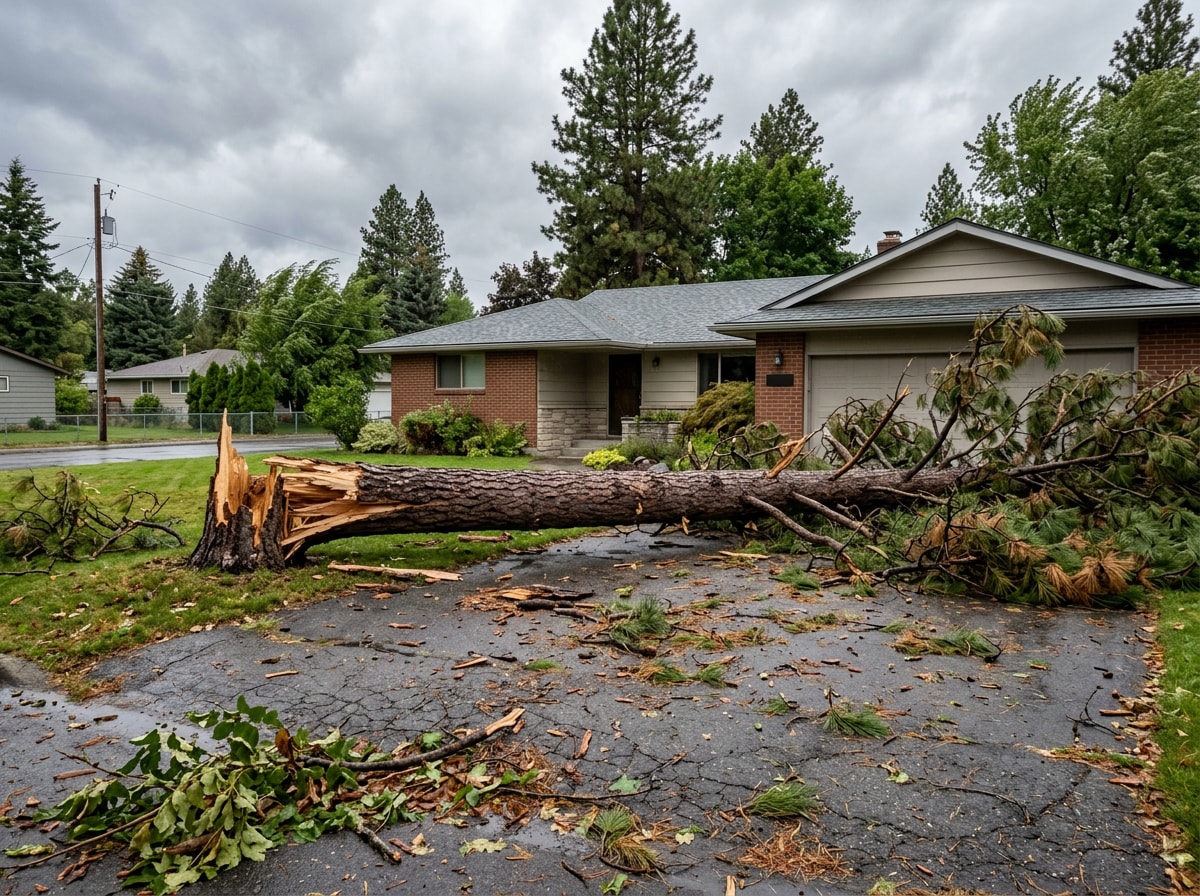 Storm-downed tree resting across a Spokane Valley driveway after a windstorm