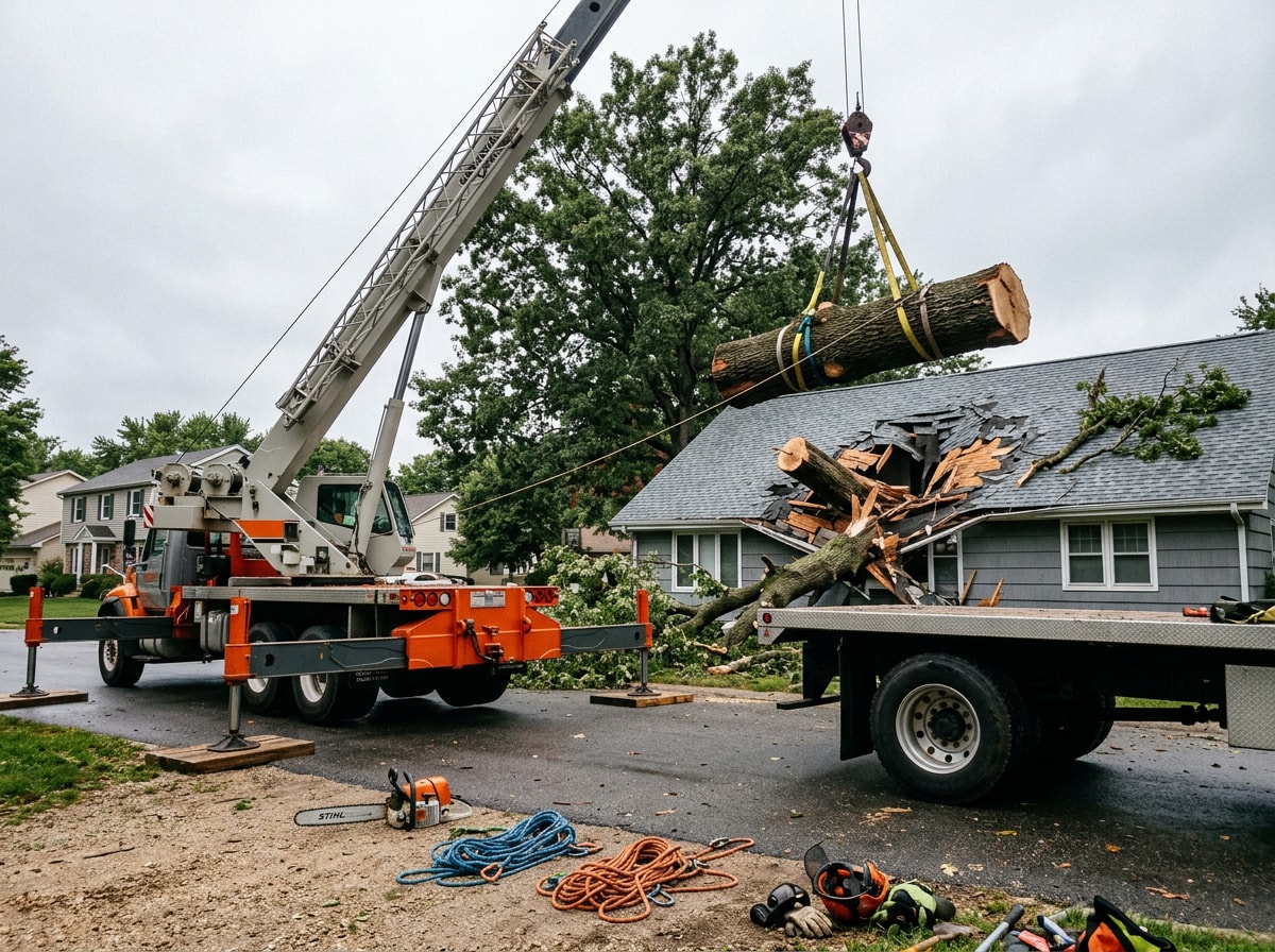 Tree service crew using rigging and a crane to remove a fallen tree section from a damaged roof
