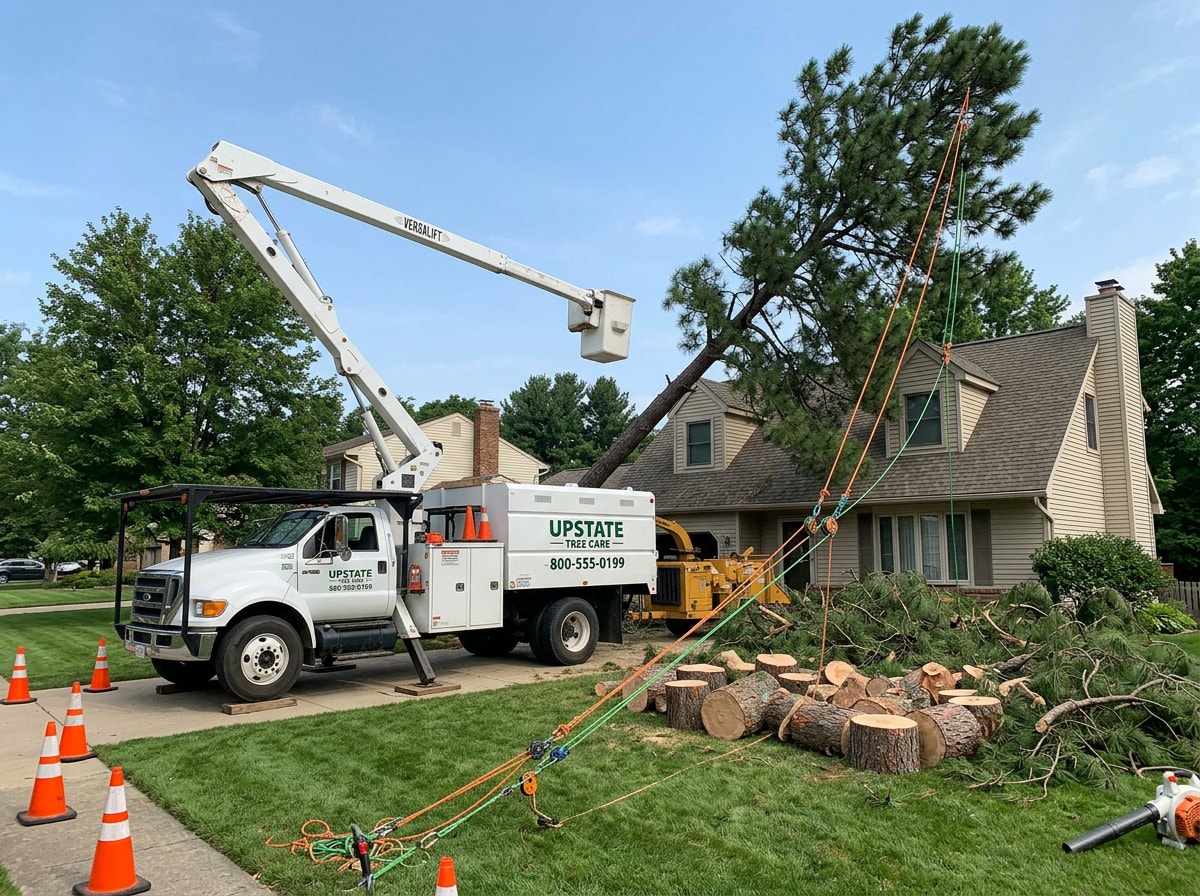Crew using a crane to remove a large tree leaning over a Post Falls home