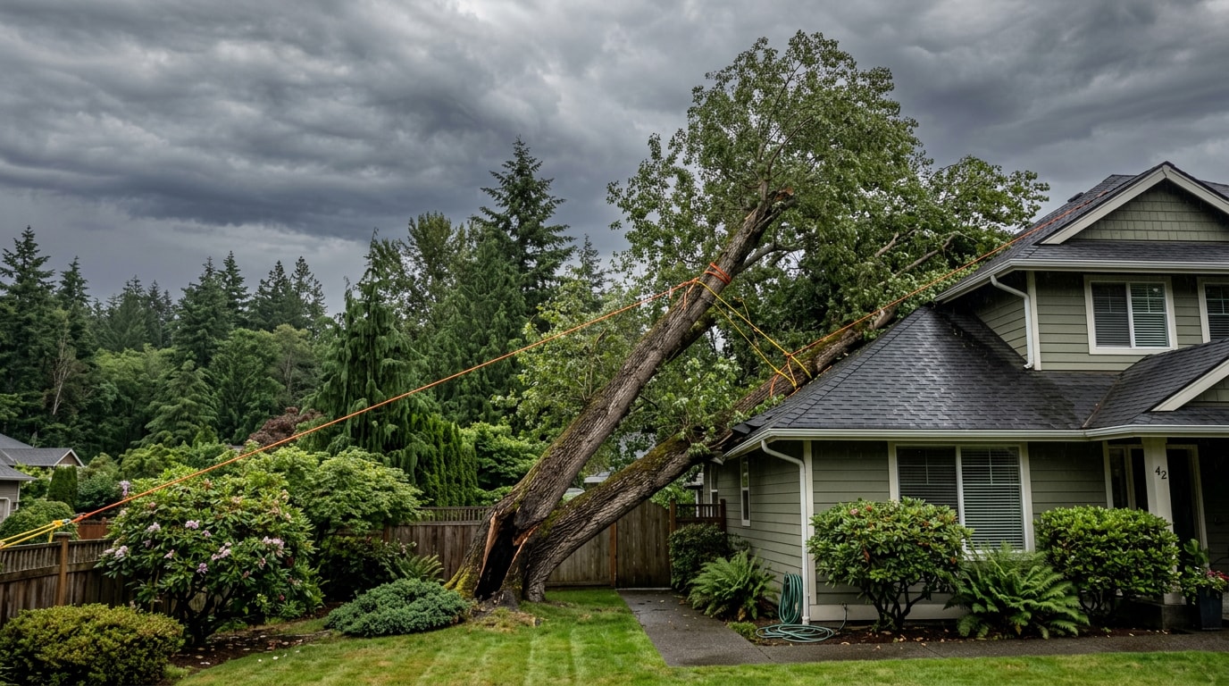 Large fallen tree resting against a home's roofline after a storm in Post Falls, ID Large fallen tree resting against a home's roofline after a storm in Post Falls, ID