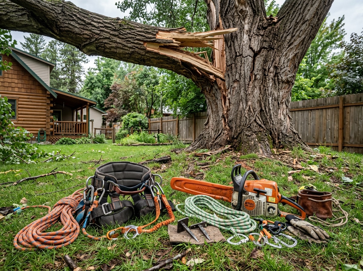 Arborist assessing a storm-damaged tree in a Post Falls, ID yard before emergency trimming