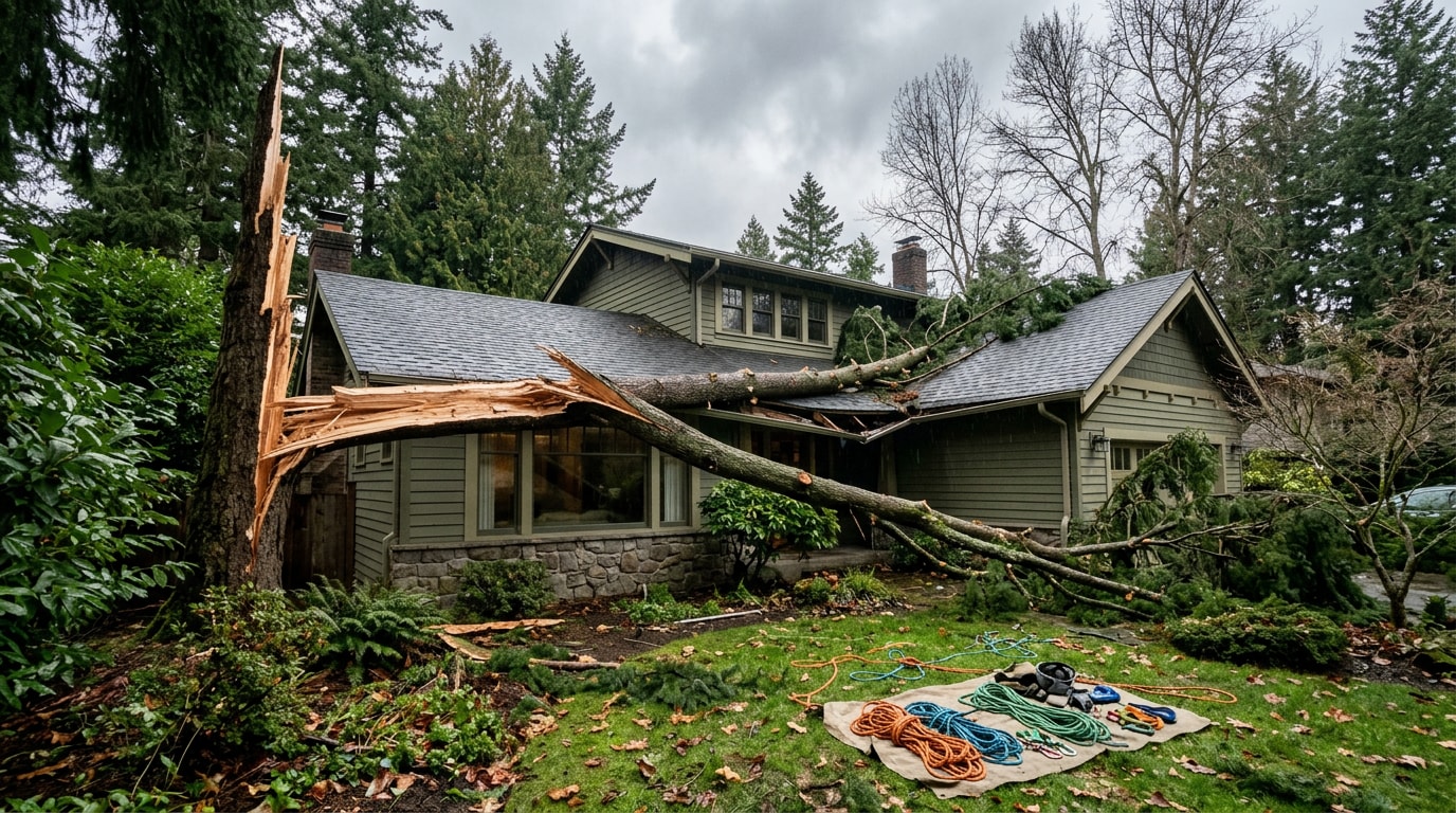 Storm-damaged tree limb resting on a Post Falls, ID home before emergency trimming