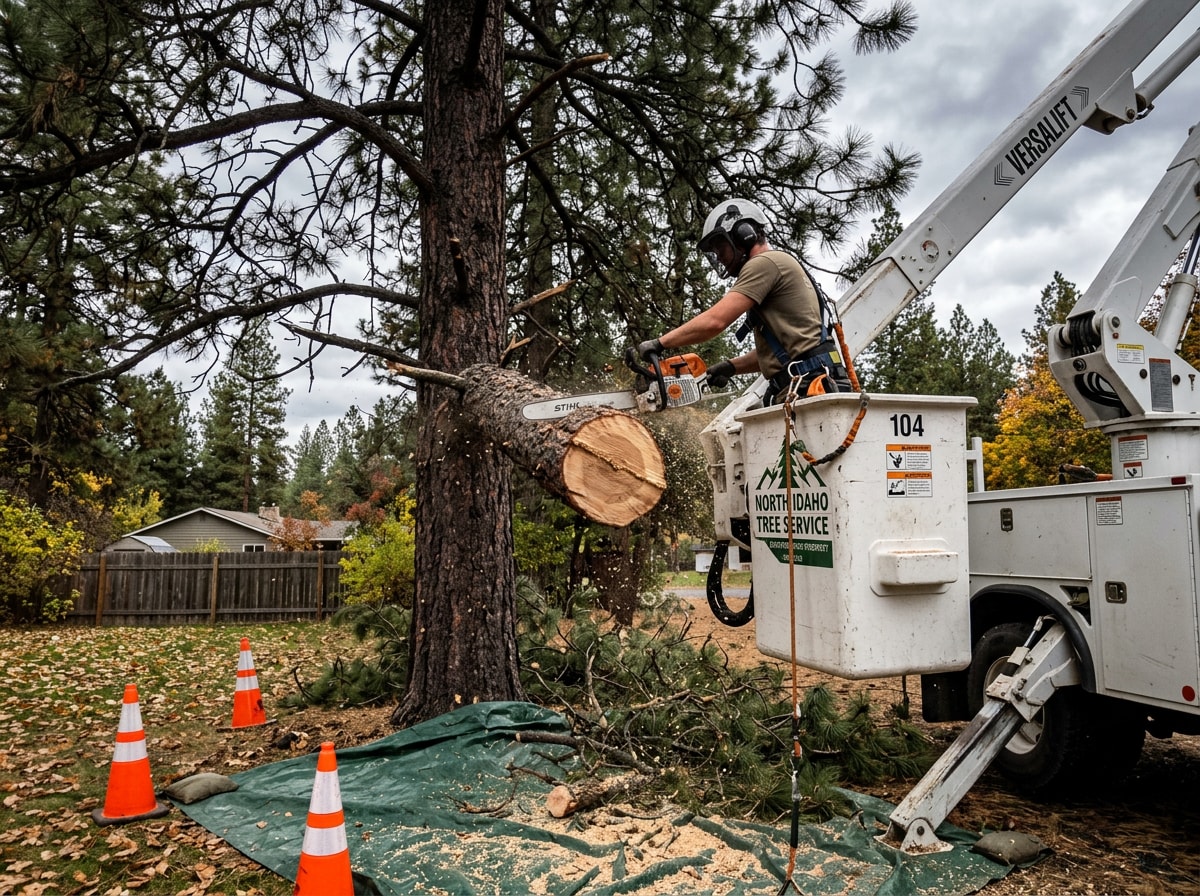 Tree removal crew using a bucket truck to cut down a large pine tree in a residential Coeur d'Alene yard