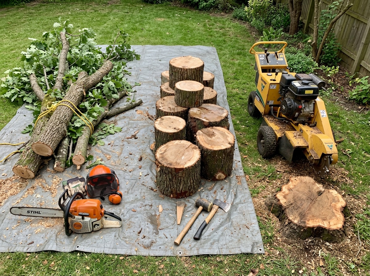 Step-by-step diagram showing the phases of tree removal from limb cutting to trunk sectioning and stump grinding