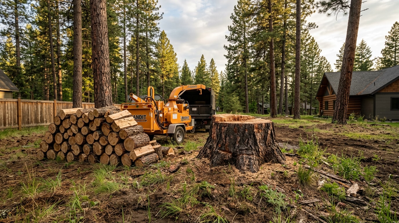 Freshly cleared backyard in Coeur d'Alene after a tree removal with stacked logs and a wood chipper Freshly cleared backyard in Coeur d'Alene after a tree removal with stacked logs and a wood chipper
