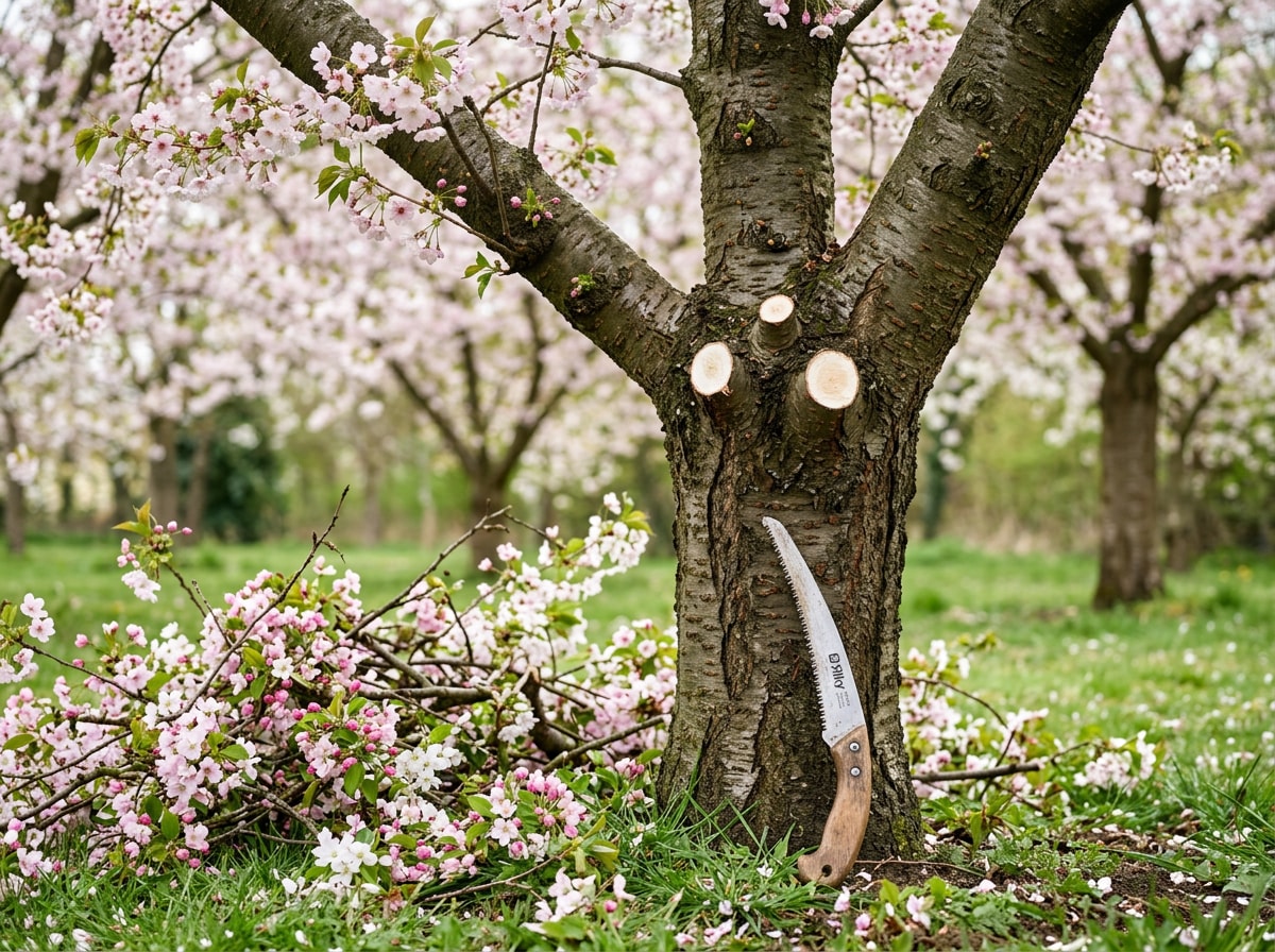 Arborist performing ornamental tree pruning on a flowering cherry tree in a Spokane Valley yard