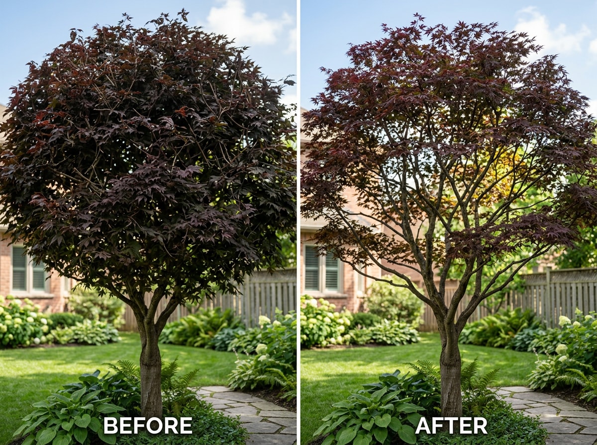Before and after photo showing crown thinning results on an ornamental maple tree