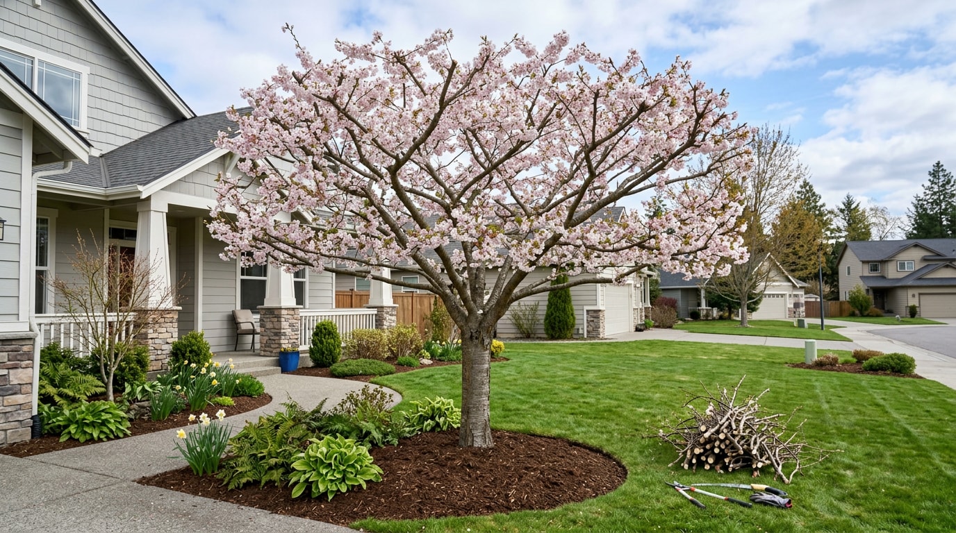 Professionally pruned ornamental flowering cherry tree in a Spokane Valley front yard