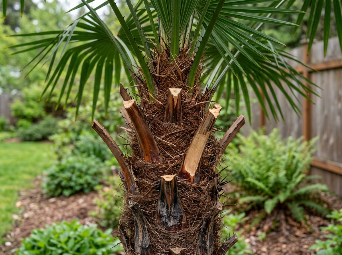 Close-up of a cold-hardy needle palm with dead brown fronds trimmed cleanly at the base in a North Idaho yard