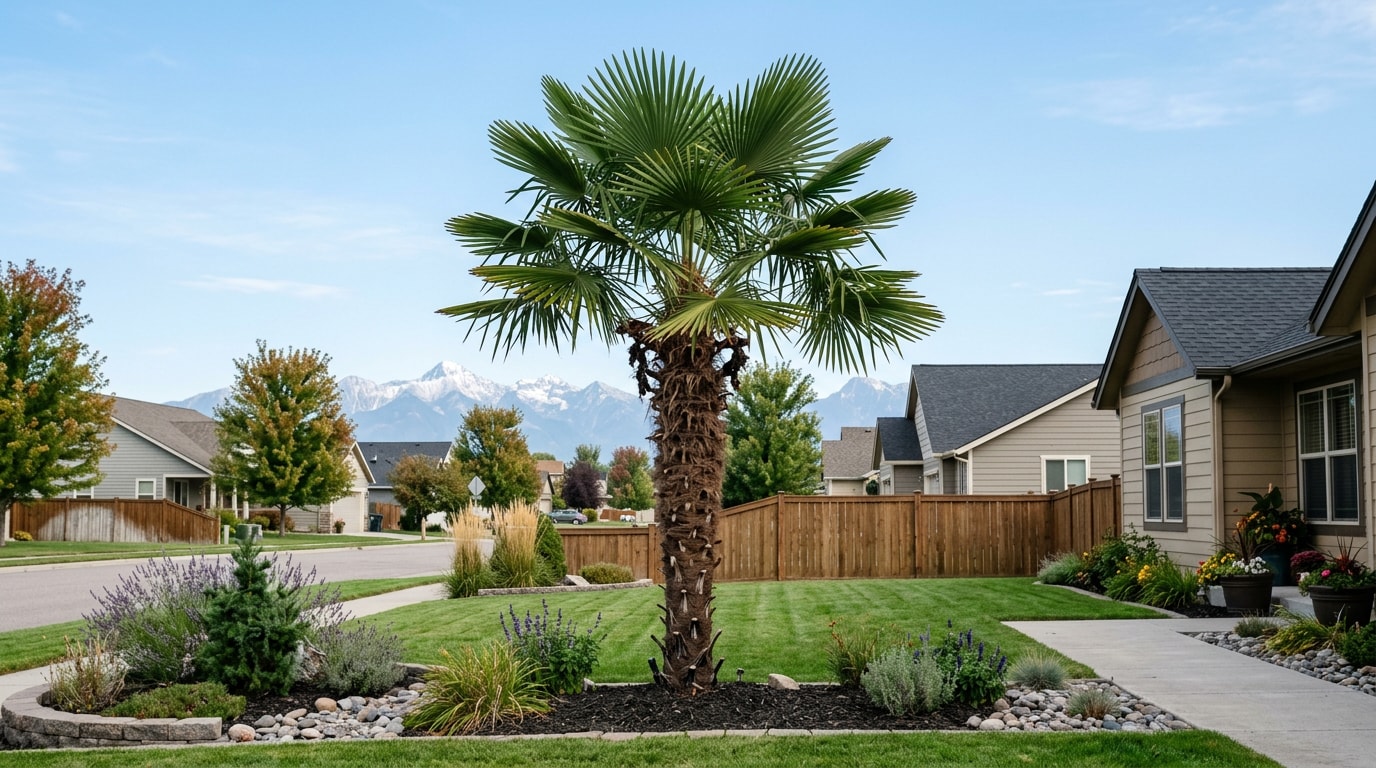 Cold-hardy palm tree professionally trimmed in a Post Falls, ID front yard