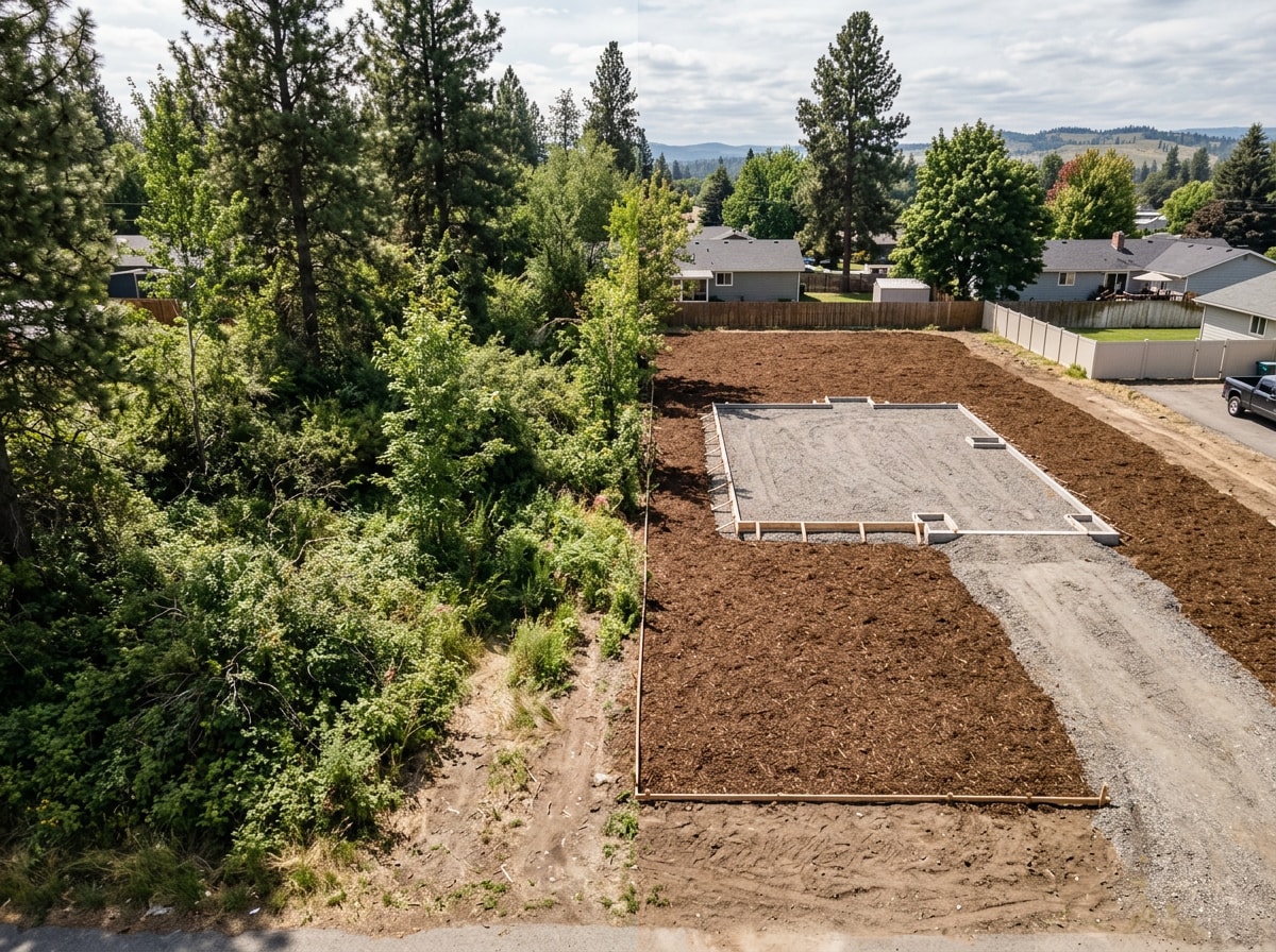 Before and after photo of a cleared residential lot ready for construction in Spokane, WA