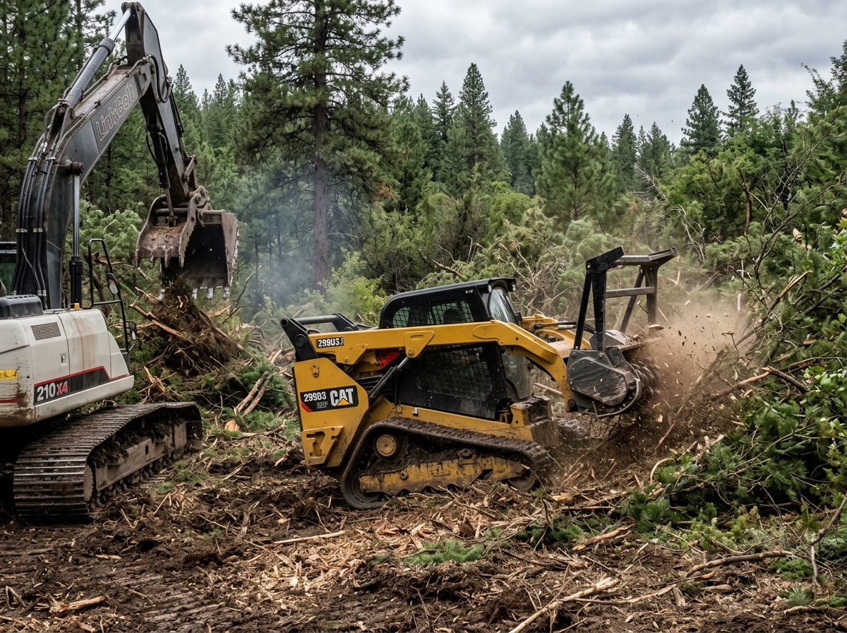 Tracked excavator and skid steer mulcher clearing brush on a Spokane land clearing job site