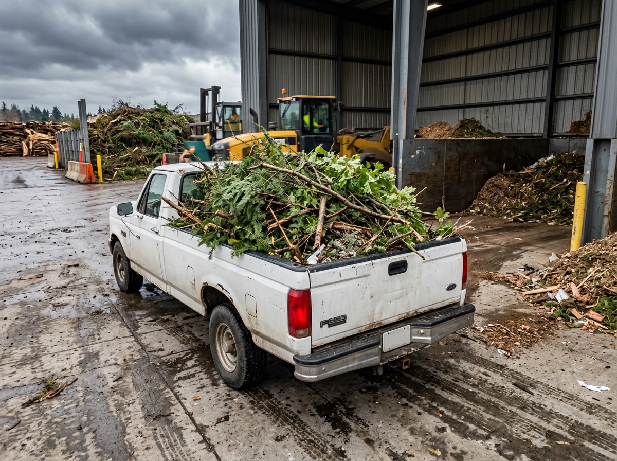 Pickup truck bed loaded with cut tree limbs ready for transfer station drop-off