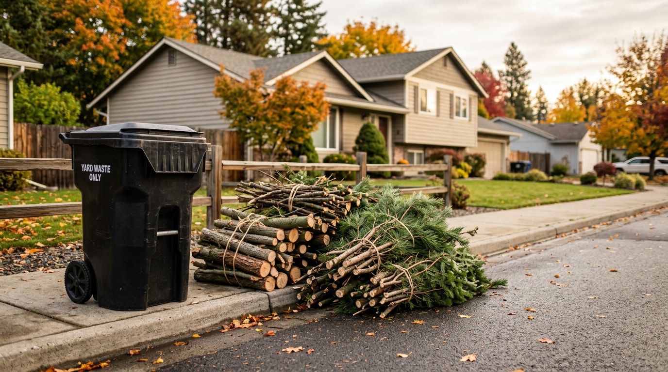 Bundled tree branches and a yard waste cart staged for tree debris disposal in Spokane Valley, WA Bundled tree branches and a yard waste cart staged for tree debris disposal in Spokane Valley, WA