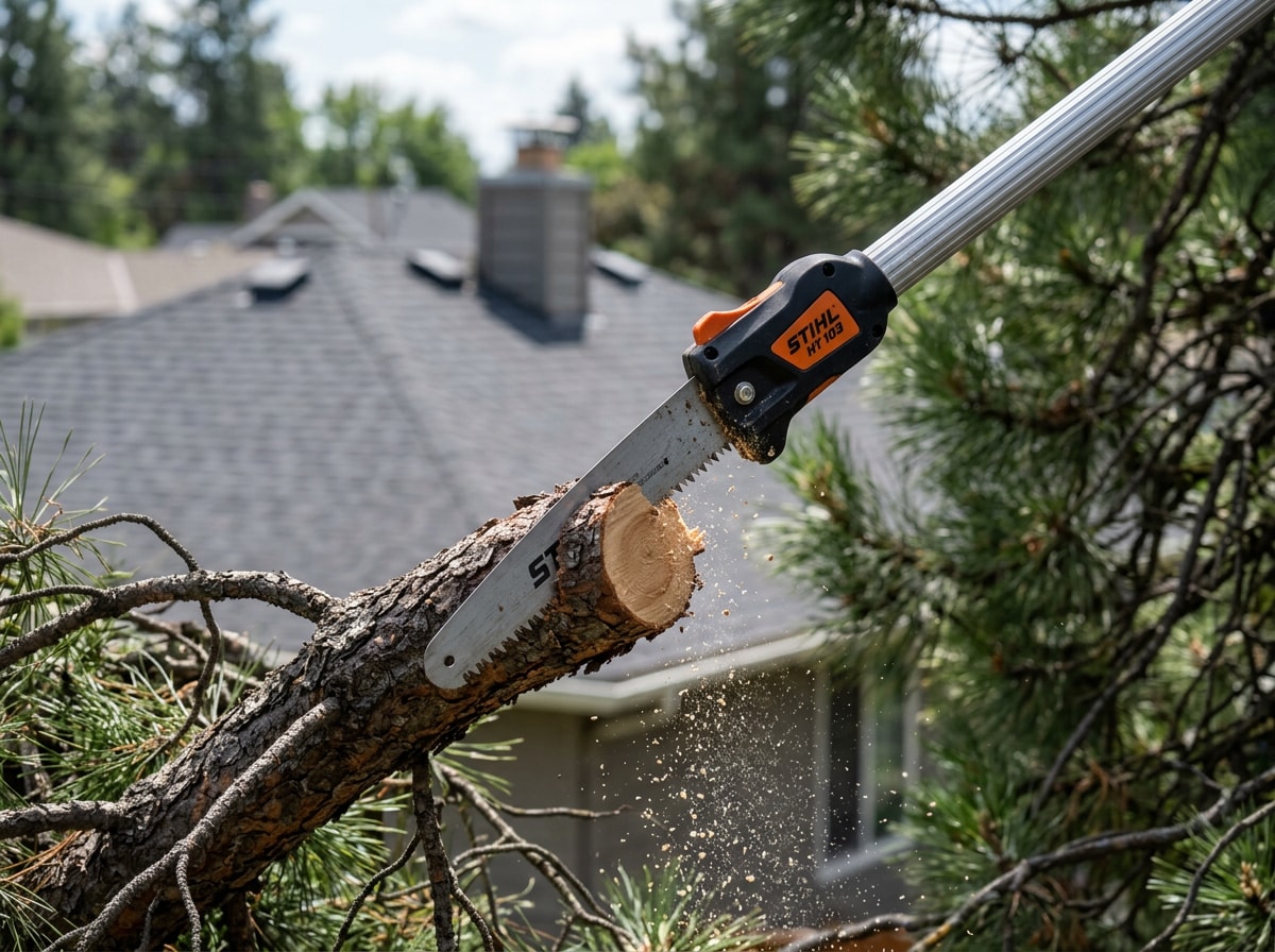 Arborist using a pole saw to trim a tree limb near a Spokane home