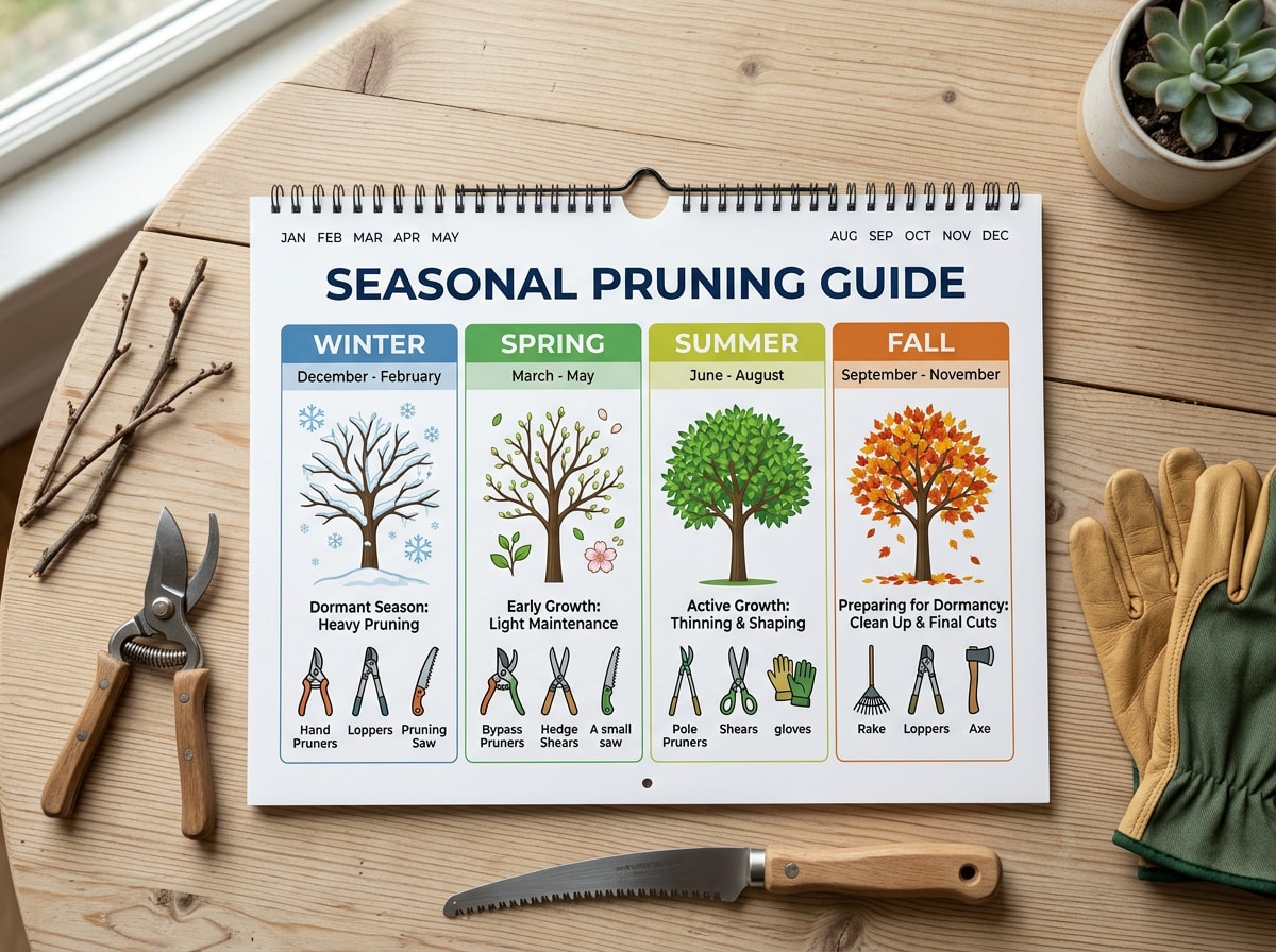 Seasonal tree trimming calendar showing best pruning months for Spokane's climate