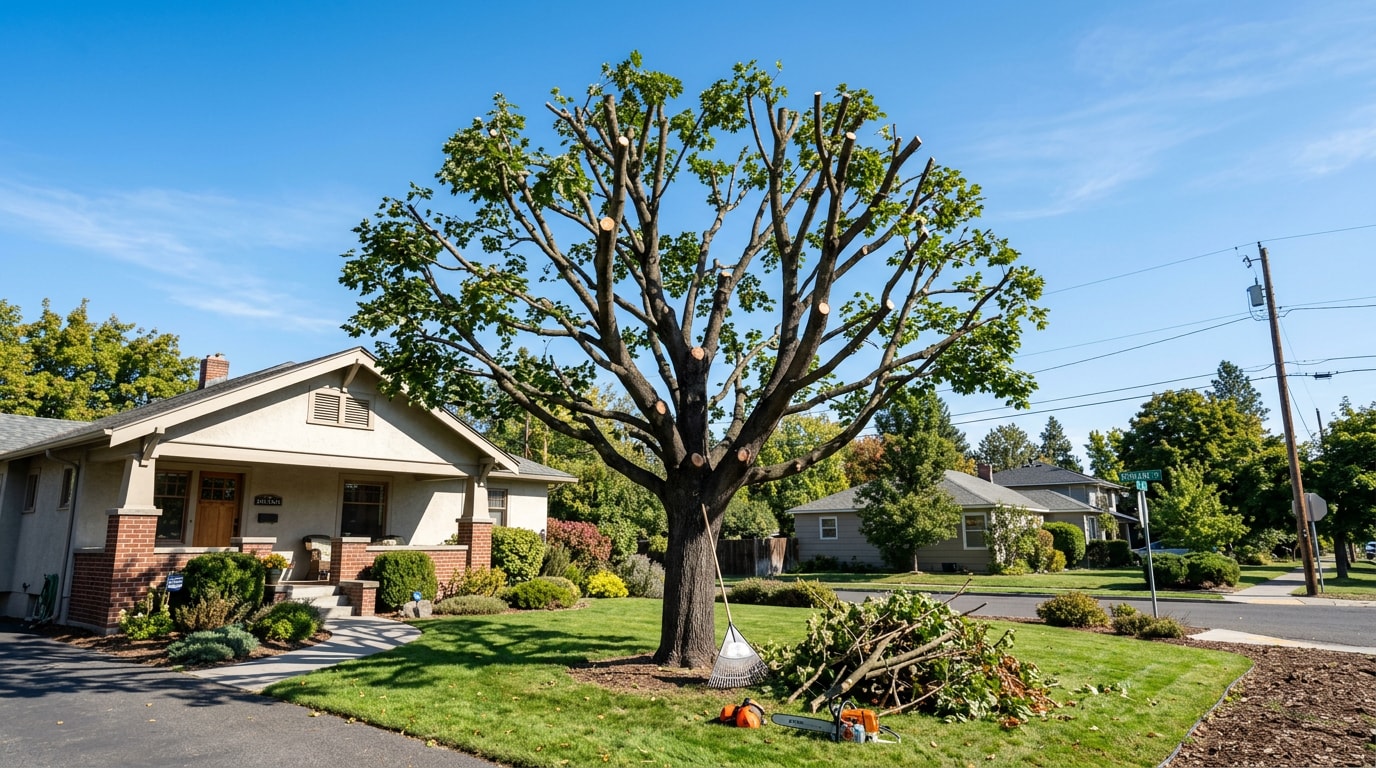 Freshly trimmed tree in a Spokane, WA front yard after professional limb trimming Freshly trimmed tree in a Spokane, WA front yard after professional limb trimming