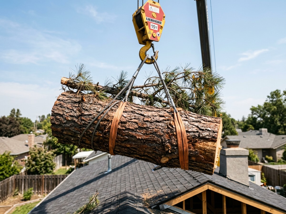 Crane lifting a large cut tree section away from a house in Spokane Valley, WA