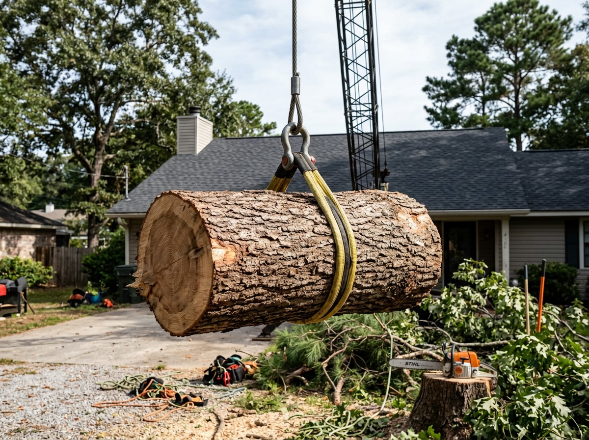 Crane rigging holding a cut tree section steady during a controlled lift over a residential roof