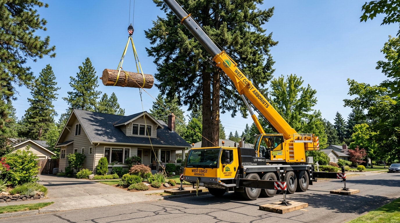 Mobile crane lifting a tree section during crane-assisted tree removal at a Spokane Valley home
