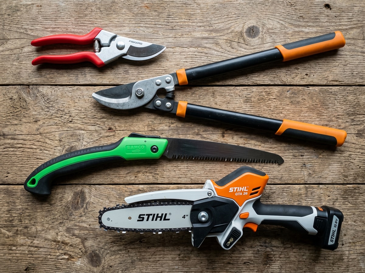 Flat-lay of hand pruners, loppers, pole saw, and chainsaw on a wooden surface
