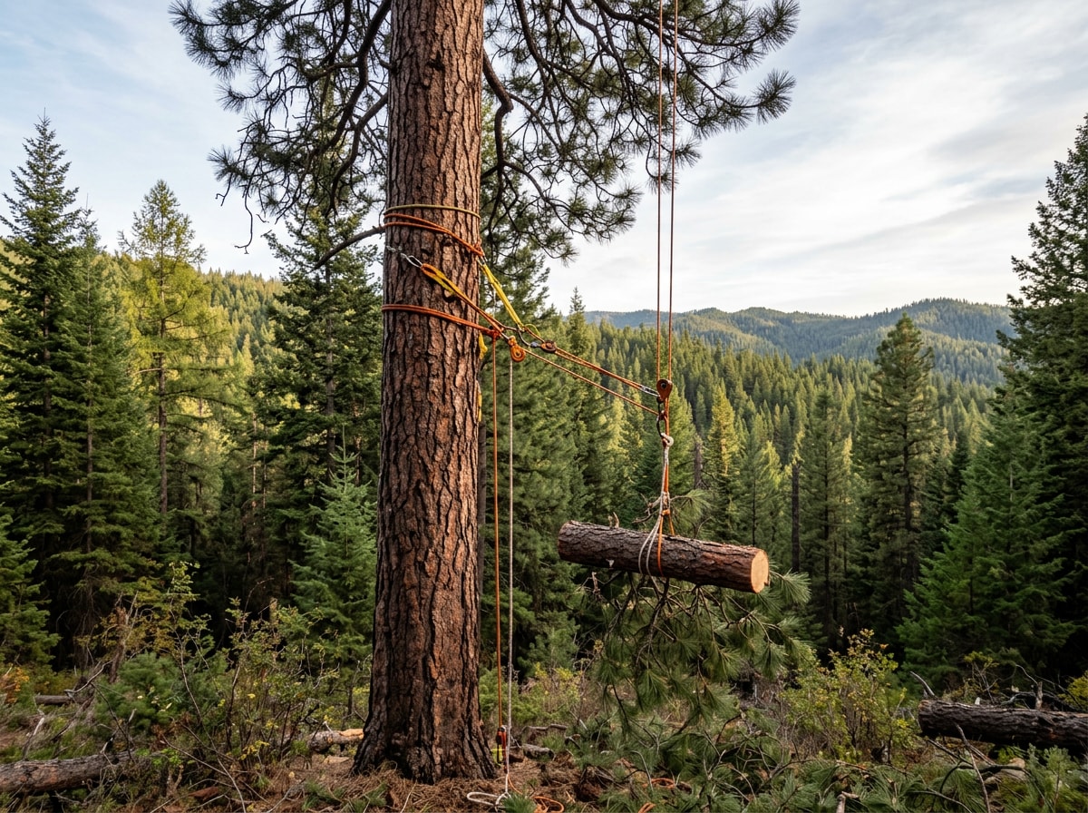 Certified arborist using professional climbing gear to trim a tall tree