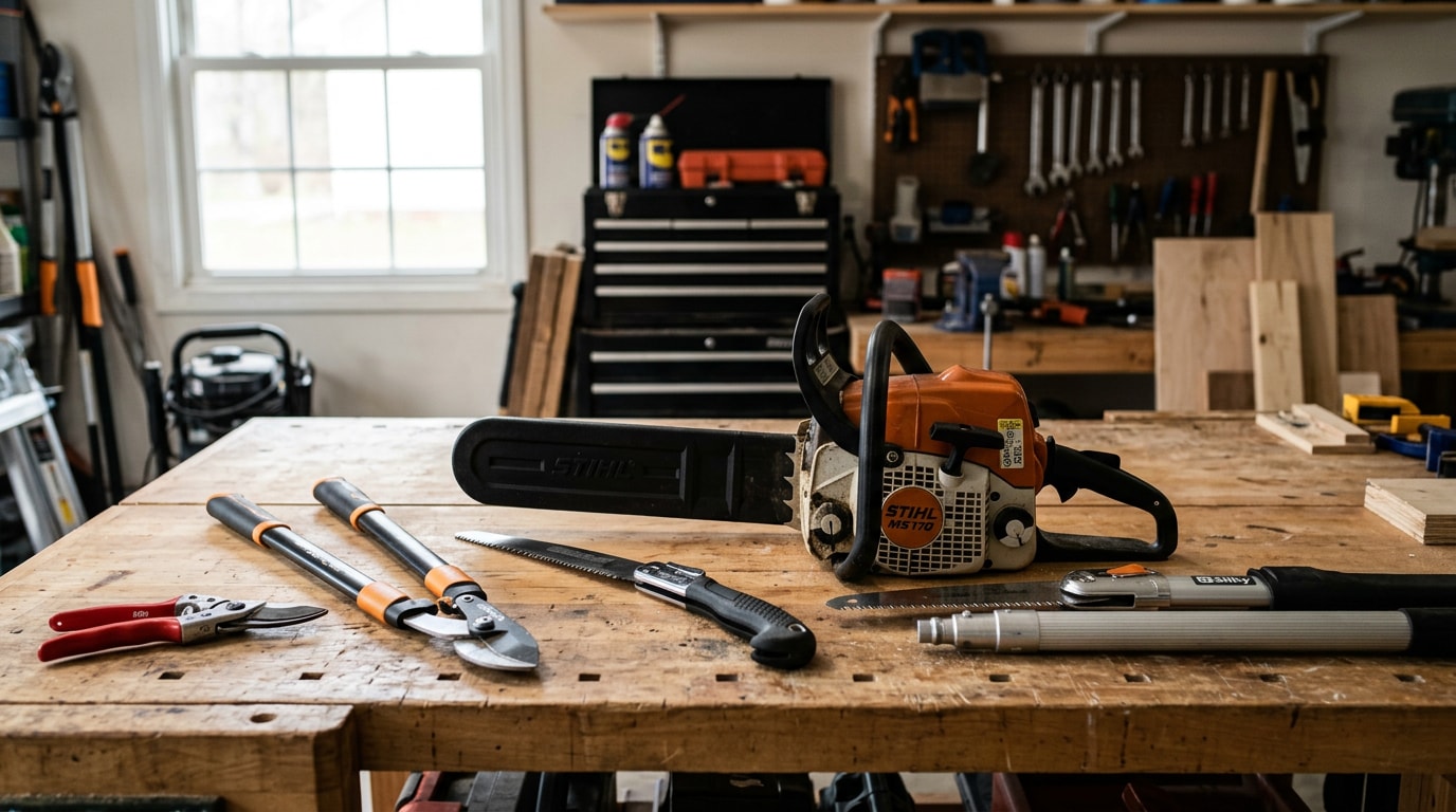 Professional tree trimming tools arranged on a workbench including pruners, loppers, a pole saw, and a chainsaw Professional tree trimming tools arranged on a workbench including pruners, loppers, a pole saw, and a chainsaw