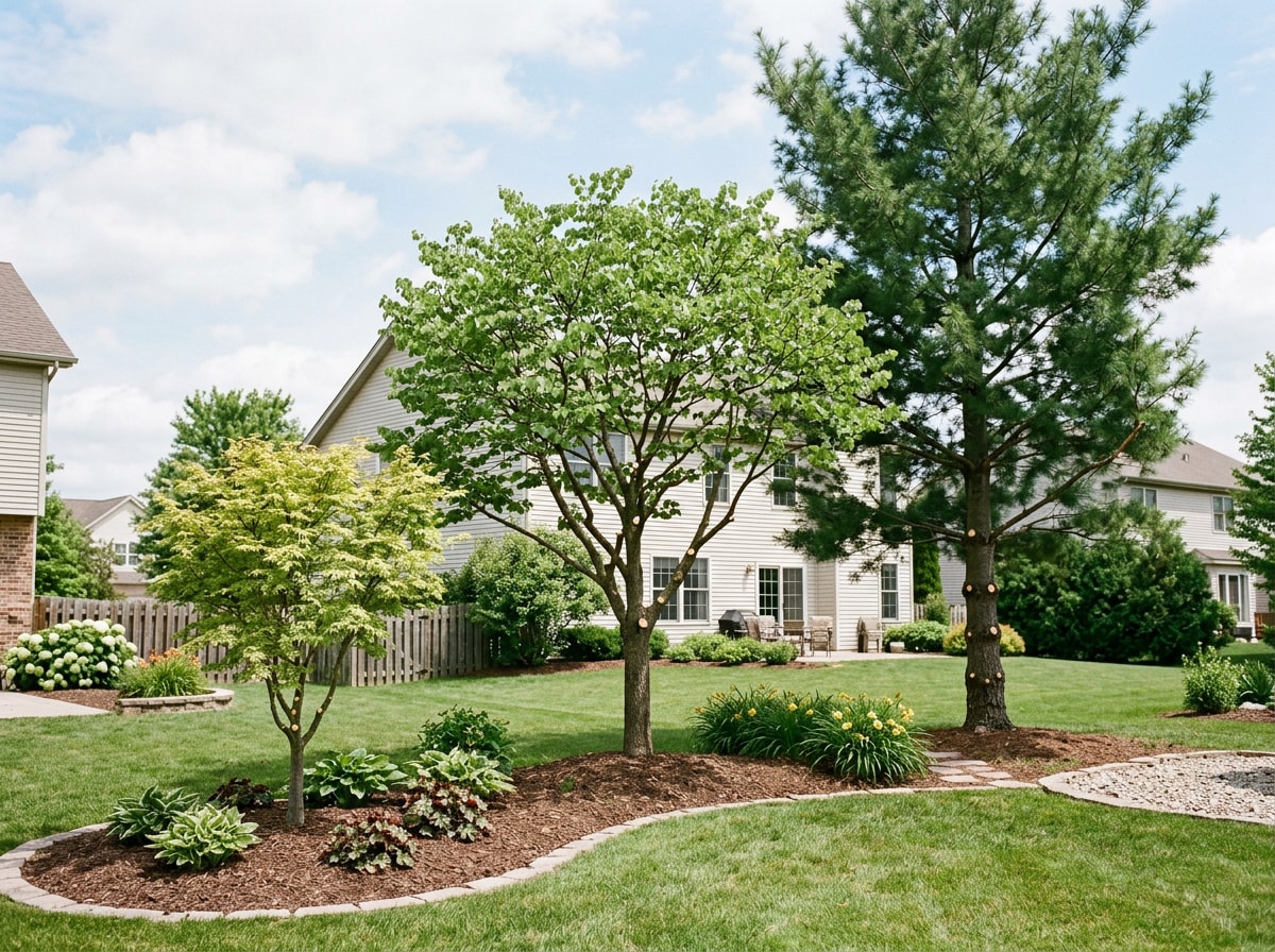 Side-by-side comparison of small, medium, and large trimmed trees in a Coeur d'Alene yard