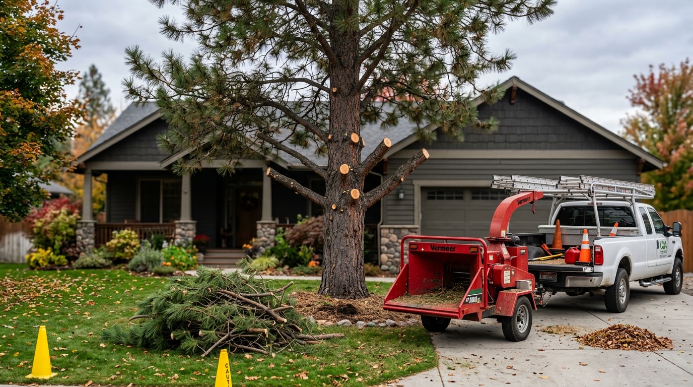 Freshly trimmed pine tree with pruning debris staged for pickup in a Coeur d'Alene, ID yard
