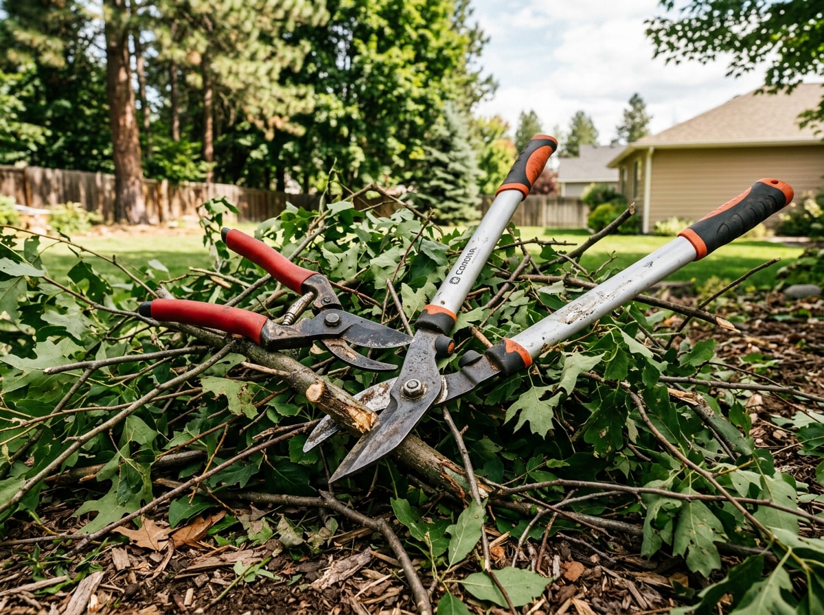 Gardener using bypass pruners and loppers to trim branches in a Spokane Valley backyard