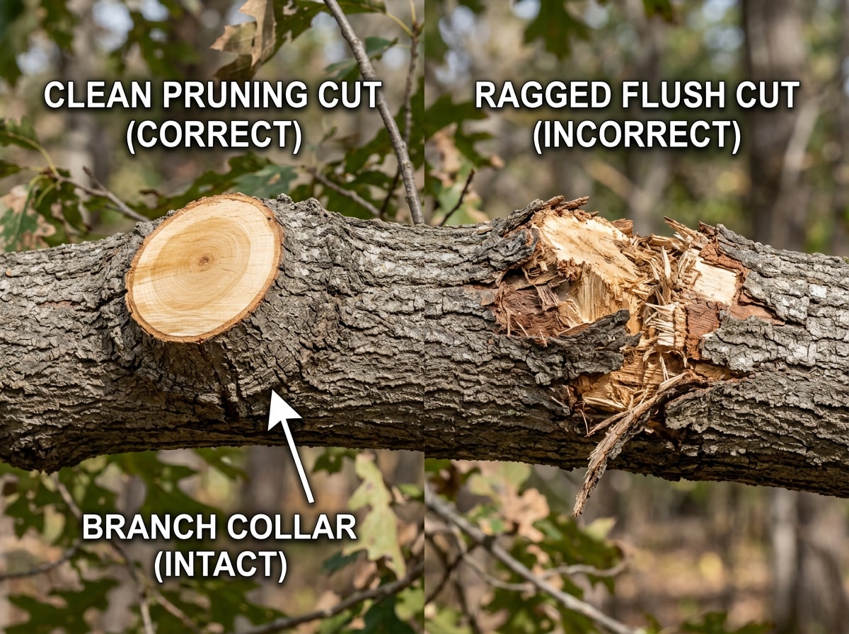 Diagram comparing a clean pruning cut outside the branch collar against a ragged, incorrect cut