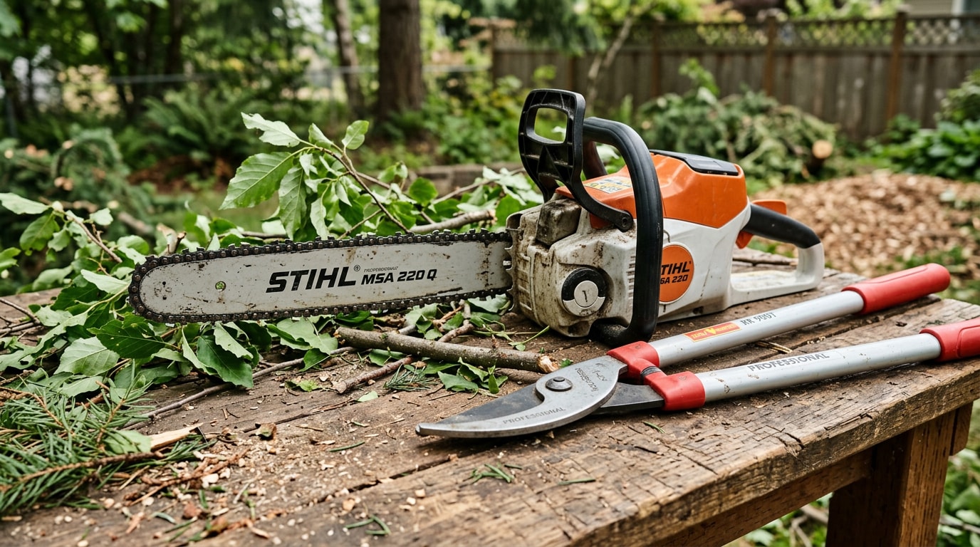 Professional tree trimming tools including a chainsaw and loppers laid out on a workbench
