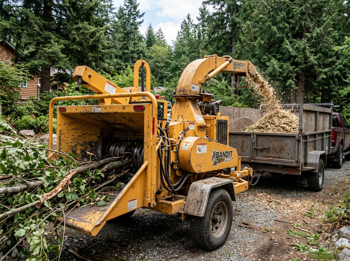 Wood chipper service in Coeur d'Alene, ID processing storm debris into a trailer