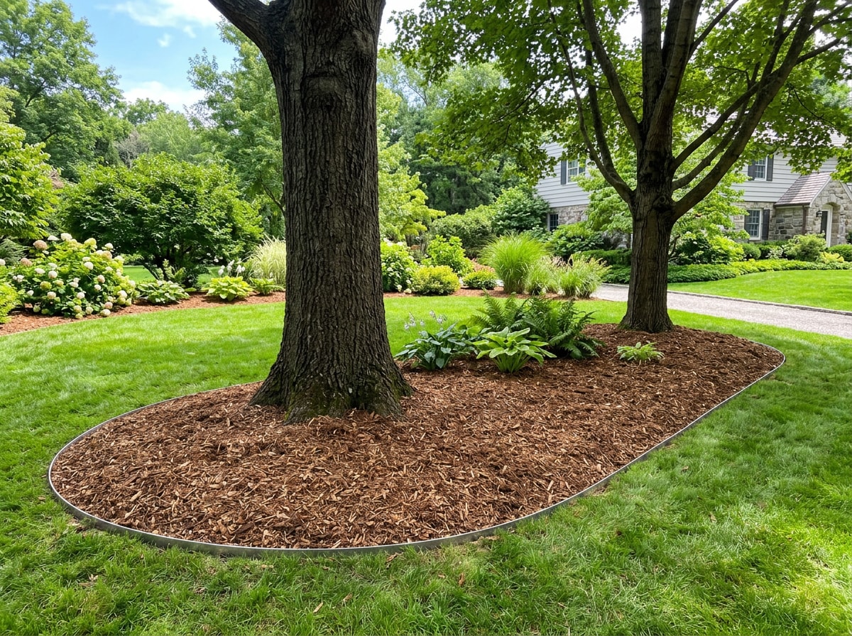 Wood chip mulch spread around trees after a chipping service in Coeur d'Alene, ID
