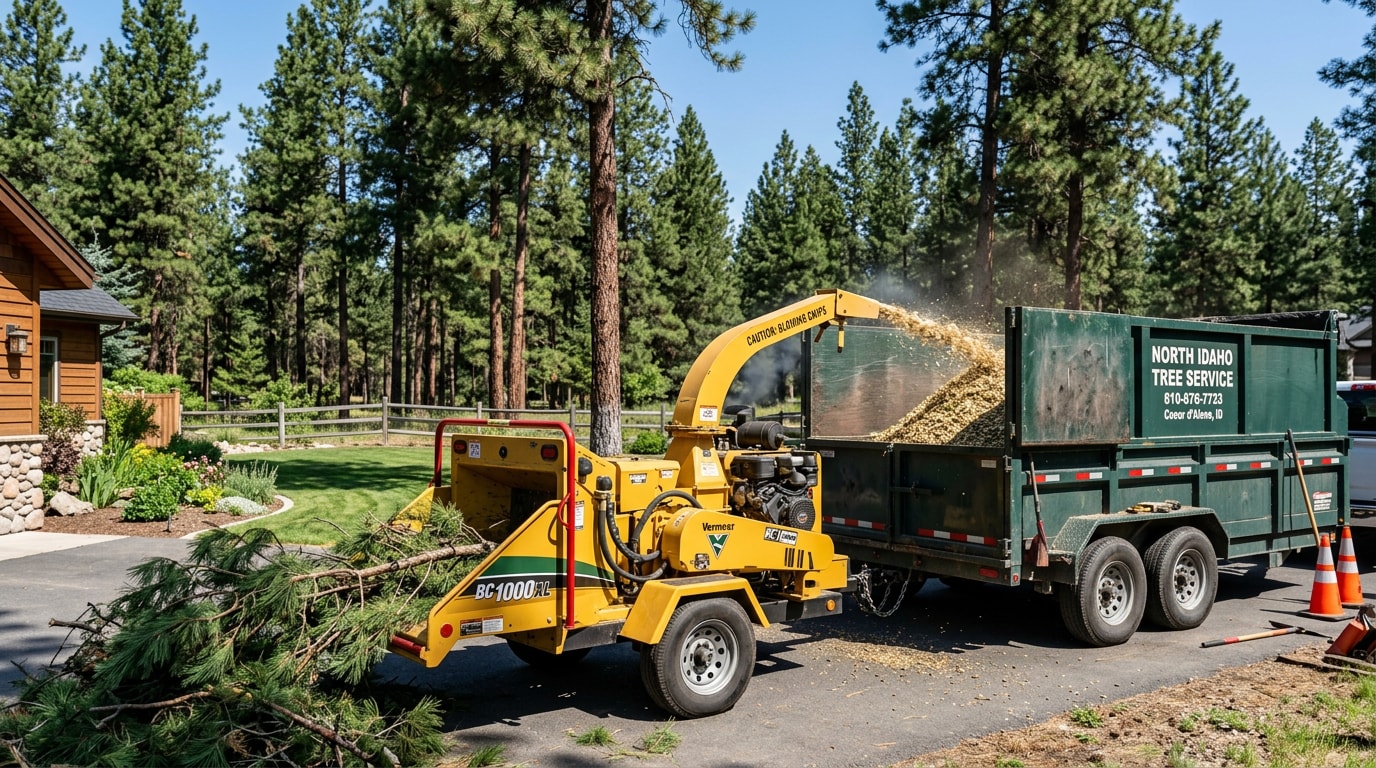 Professional wood chipper service processing tree branches in Coeur d'Alene, ID
