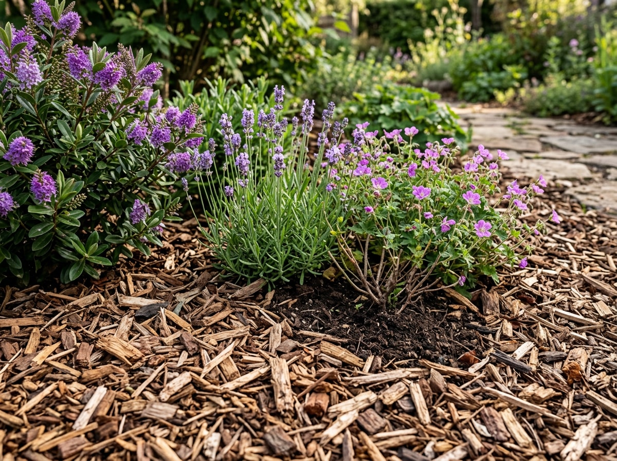 Freshly spread wood chip mulch around garden bed plants in a Coeur d'Alene yard