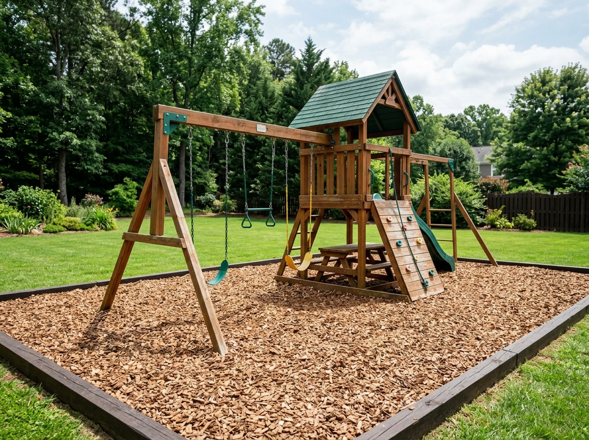 Wood chip surfacing spread beneath a backyard swing set