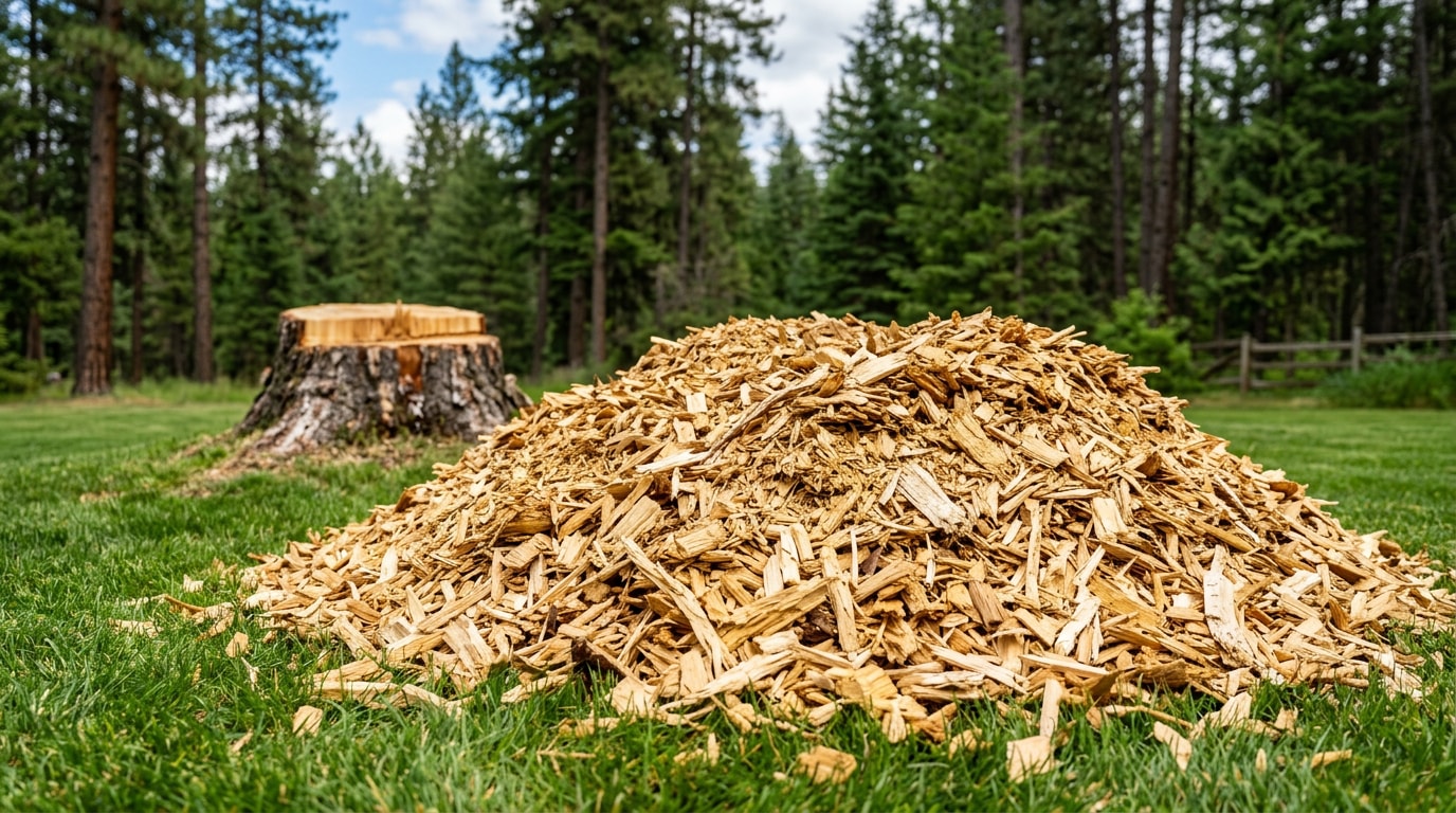 Pile of fresh wood chips from tree removal in a Coeur d'Alene backyard