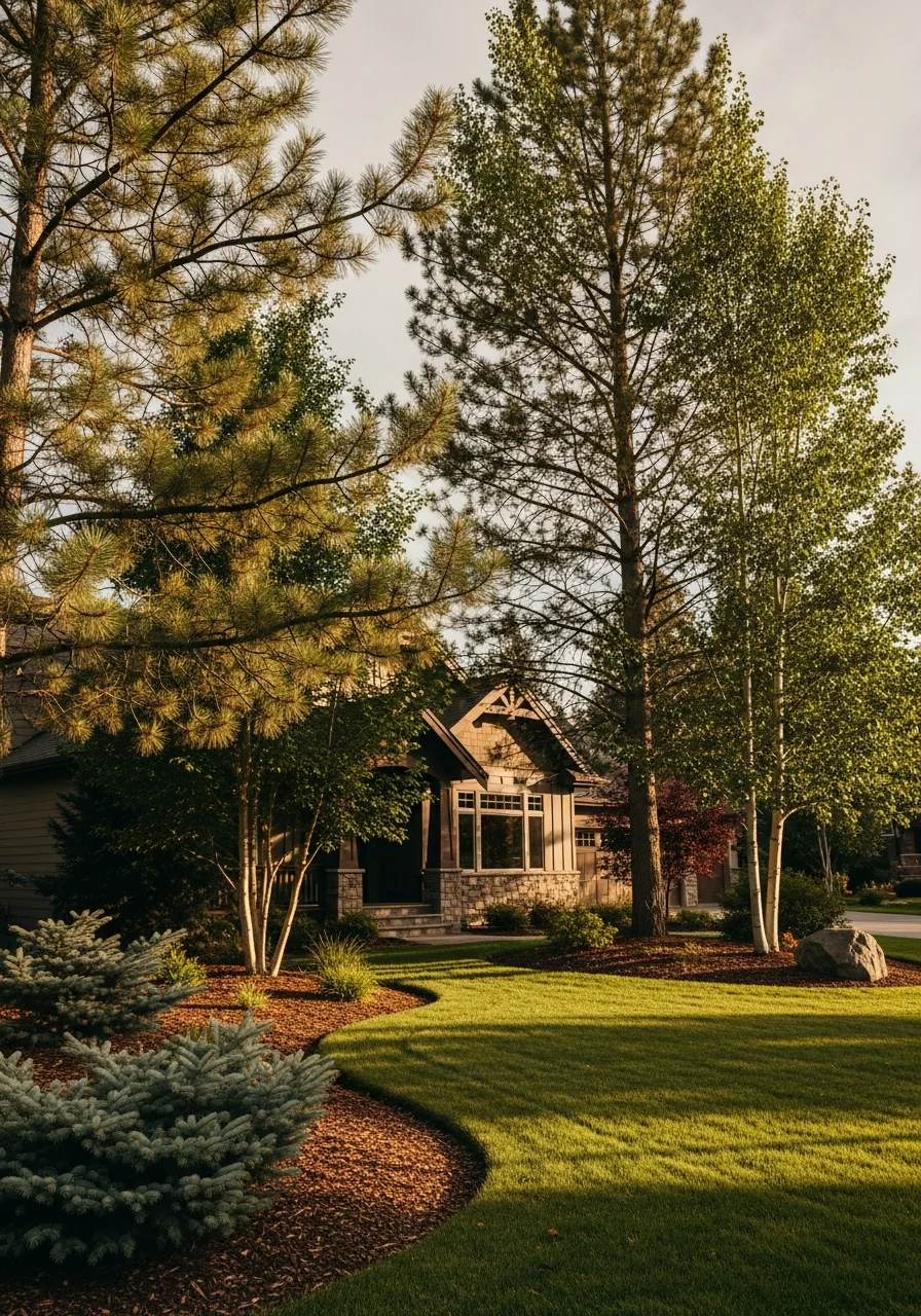 Close-up of a well-maintained residential property in Coeur d'Alene with mature landscaping.