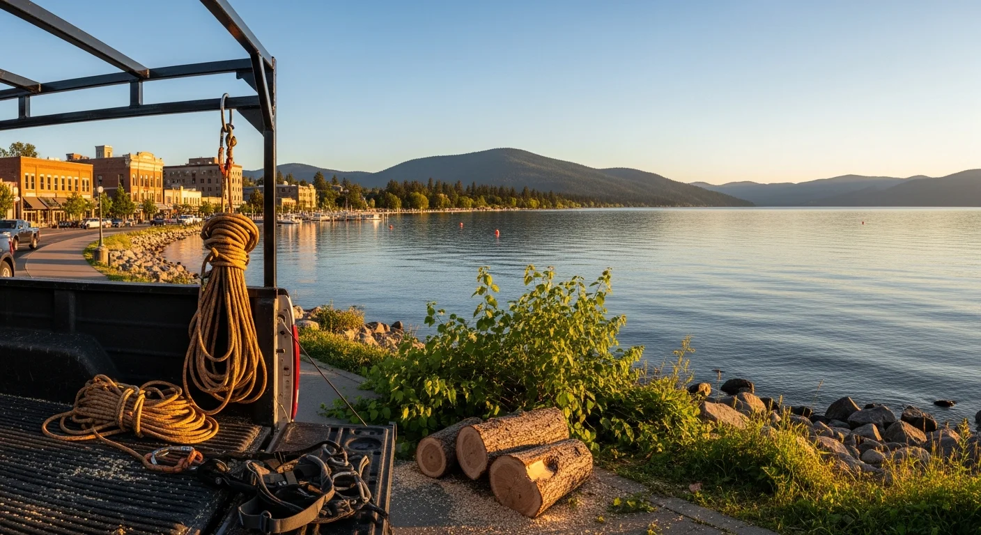 Scenic lakefront view of Coeur d'Alene with downtown buildings and mountains in the background.